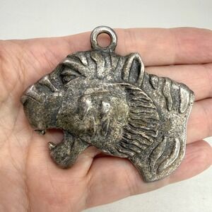 Vintage Tiger Head Pendant Silver Tone Roaring Big Cat Statement Charm